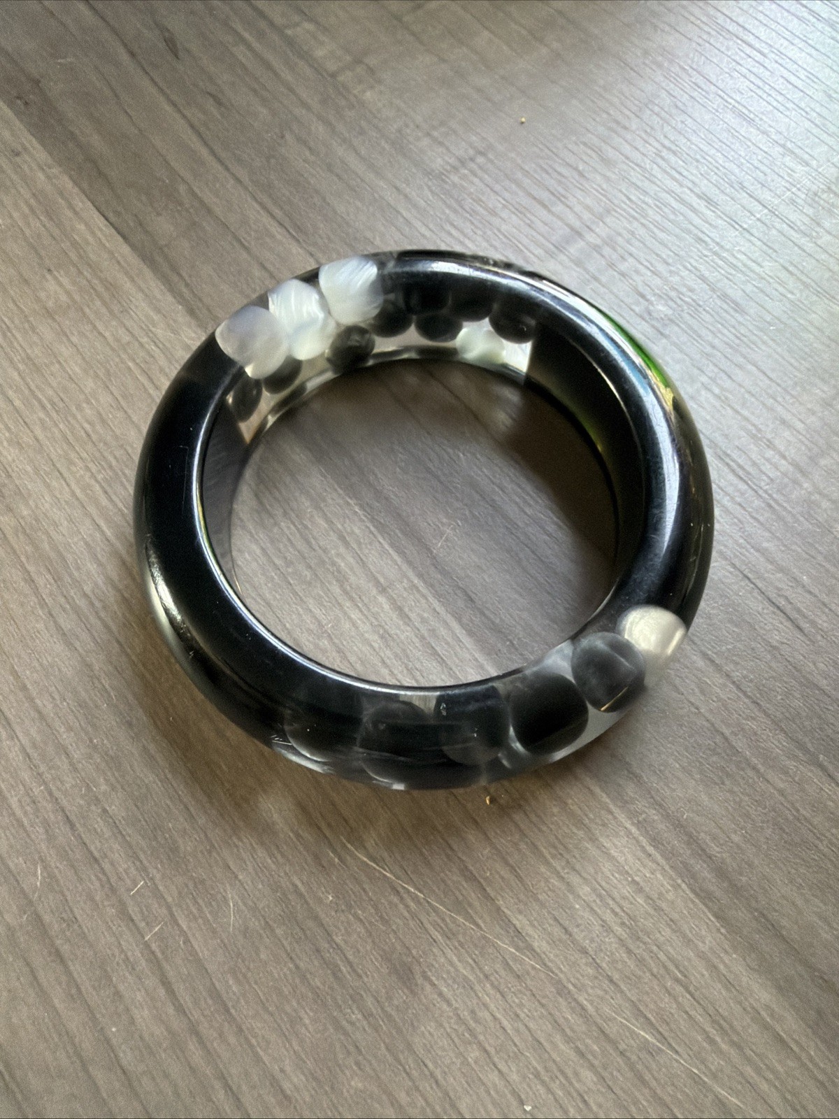 Lucite Black Clear Chunky Bangle Injected White Gray Polka Dot Boba Bubble