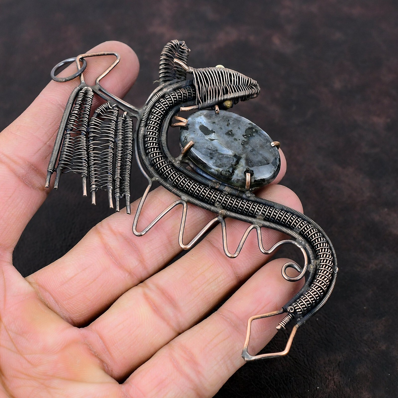 Larvikite Gemstone Jewelry Copper Wire Wrapped Dragon Pendant For Girls 4.49″