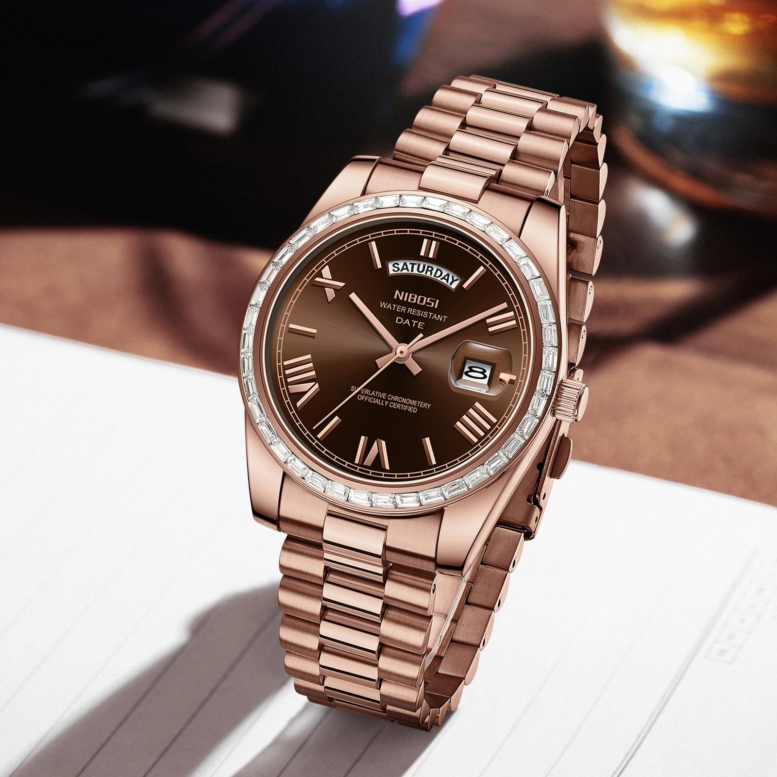 Men’s Watches Analog Quartz Diamond Bezel Stainless Steel Brown Dial Rose Gol…