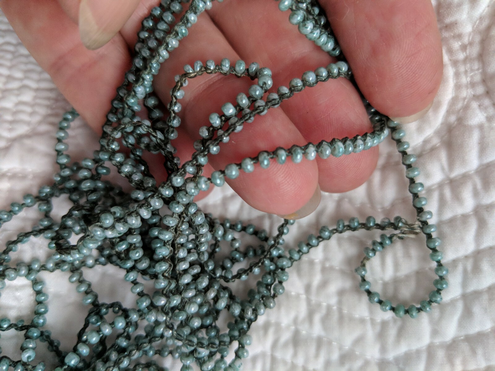 VINTAGE Aqua Green Iridescent Glass Seed Bead Strand Attached to String