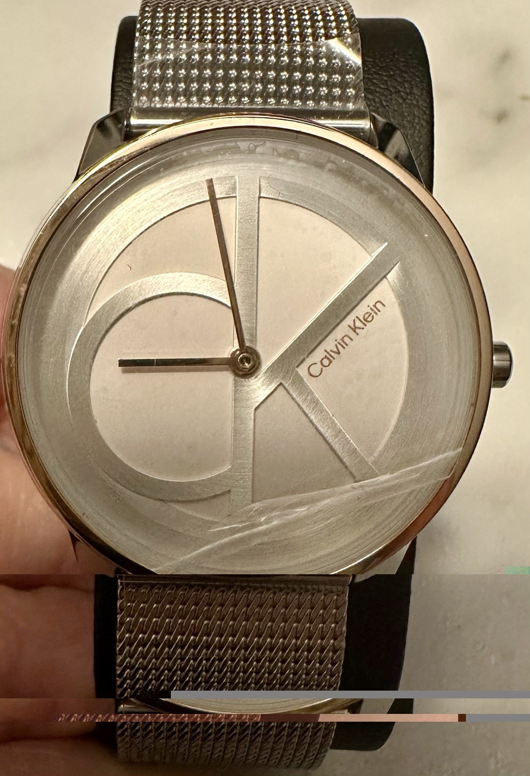 NWT And Box Iconic Stainless Steal Calvin Klein Silver Watch With A Mesh Band