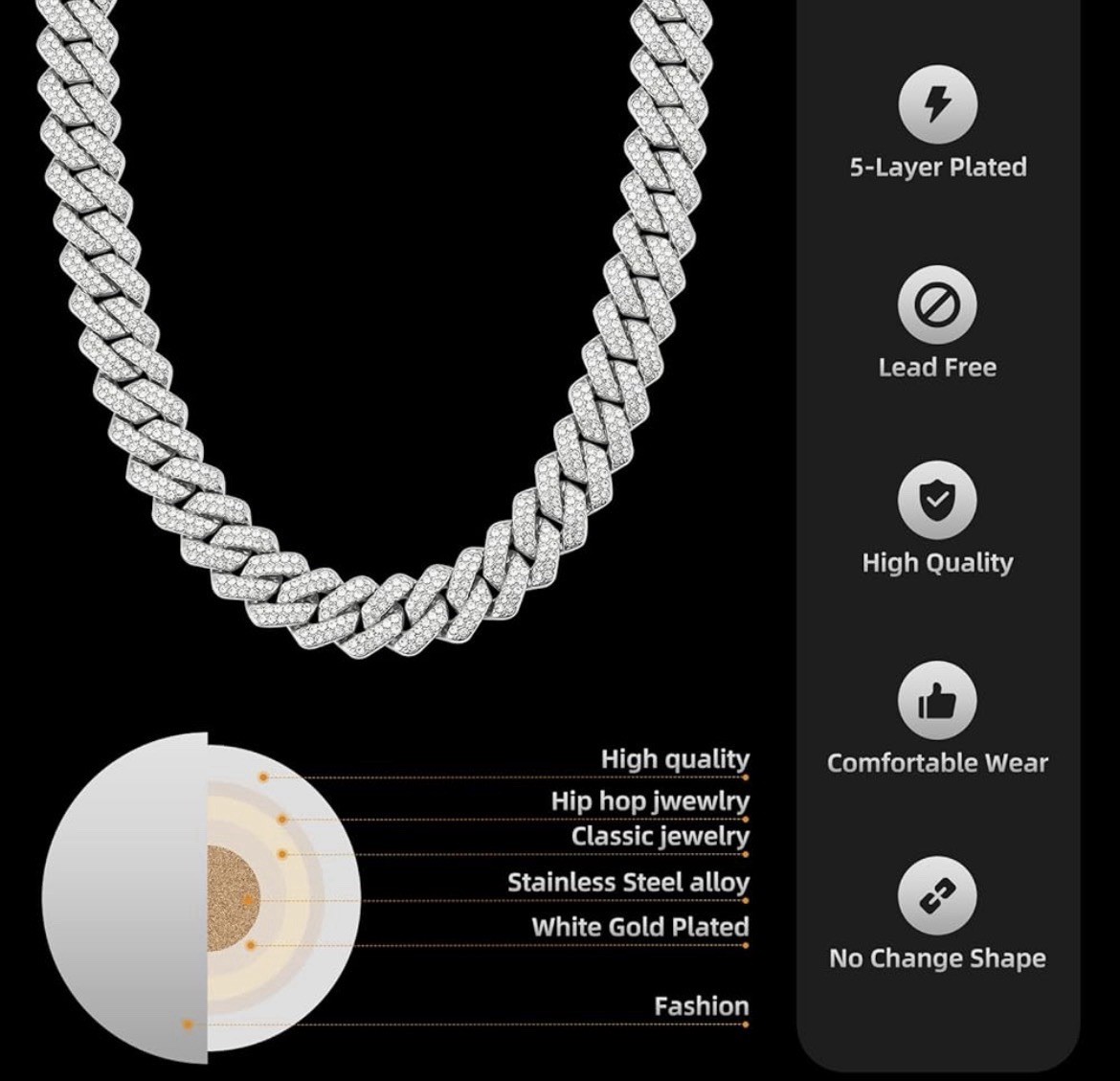 Iced Out Cuban Link Chain Necklace White Gold Plated CZ 24inch Box Clasp