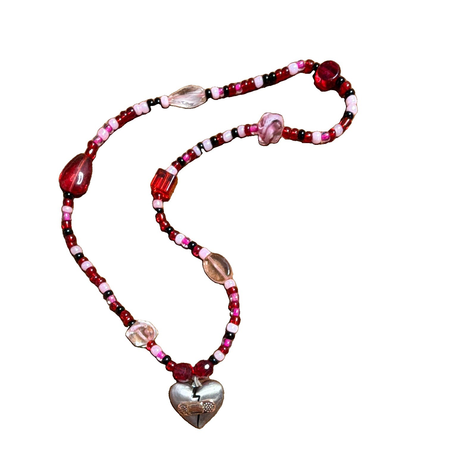 Handmade Heartbreaker 16in Stretch Necklace Red Pink And Black Beaded