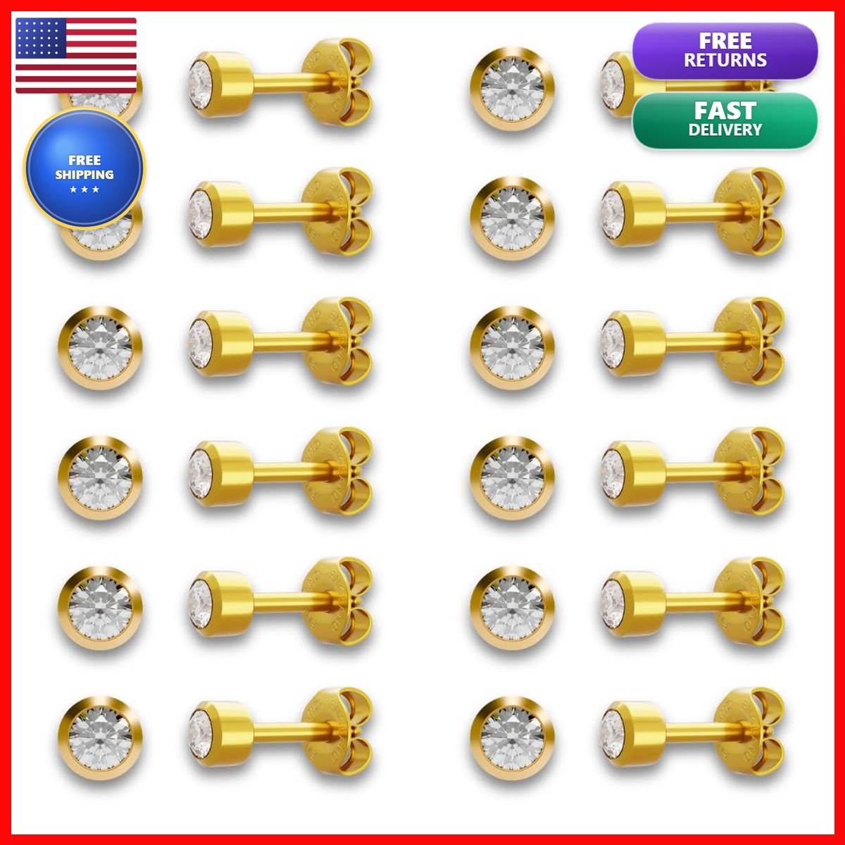 Caflon 16G 24K Gold Plated Bezel Crystal Piercing Studs 4mm 12 Pairs