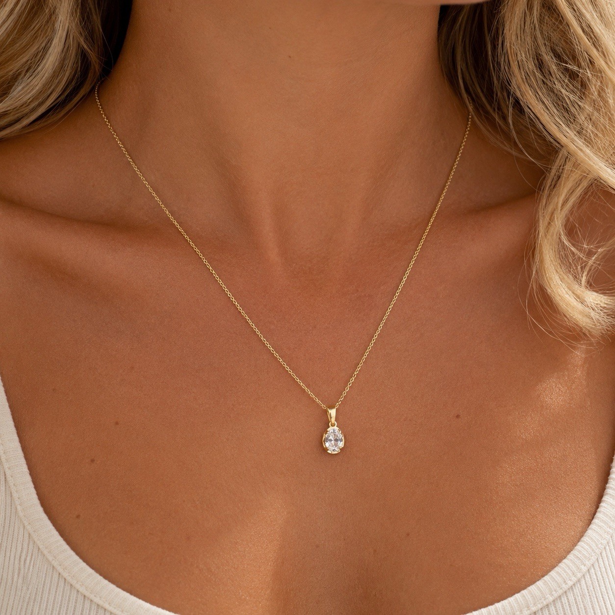 Gold Oval Crystal Solitaire Pendant Necklace Minimalist Mejuri Bezel CZ