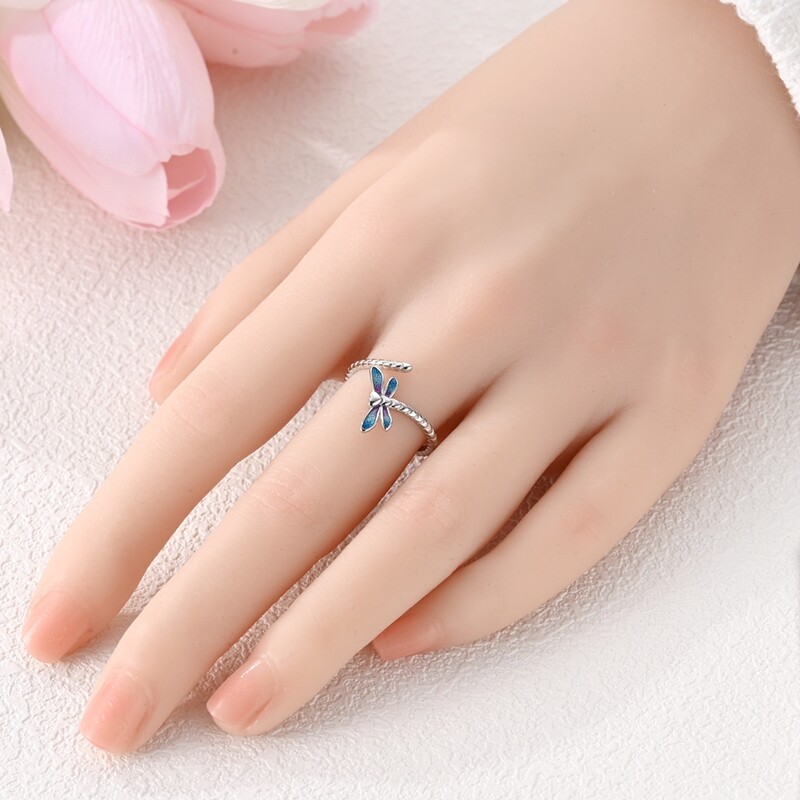 MULA S925 Sterling Silver Open Ring Colorful Enamel Dragonfly For Women Jewelry