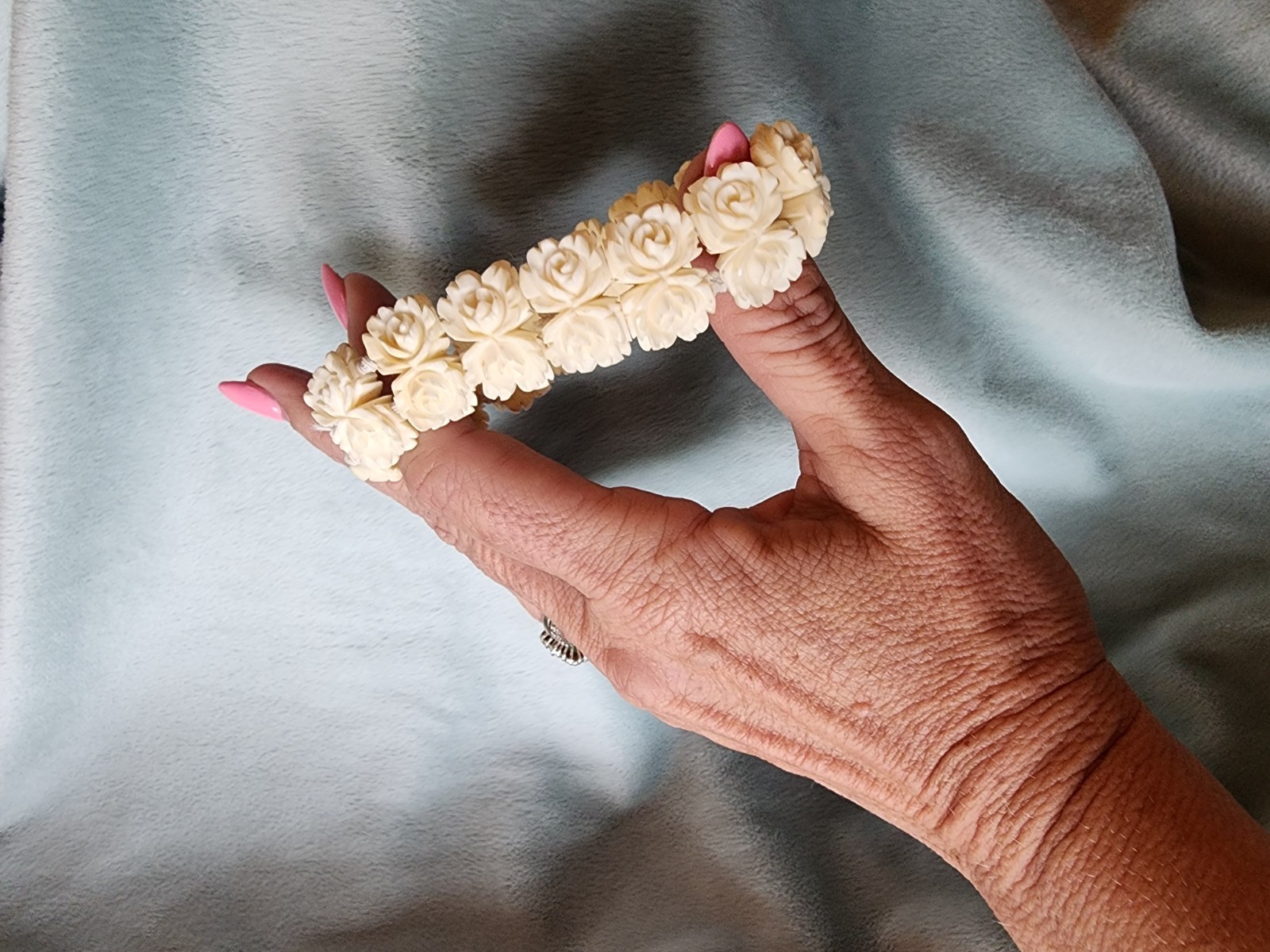 Vintage Carved Rose Bracelet Celluloid Ivory Color Stretch Floral Mid Century