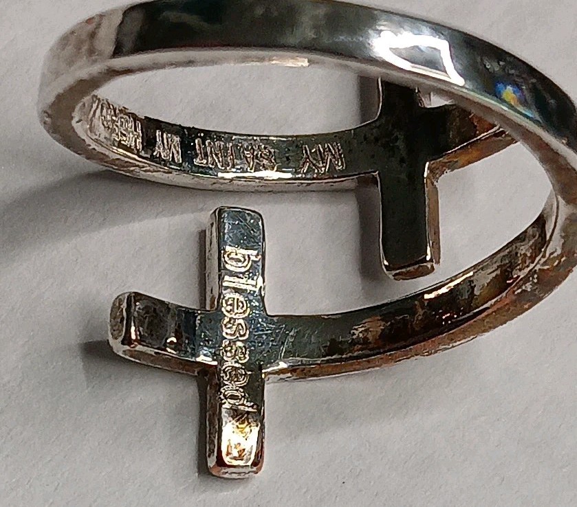 Pillar of Faith Double Cross Silver Tone Adj Band Ring Size 7 “My Saint My Hero”