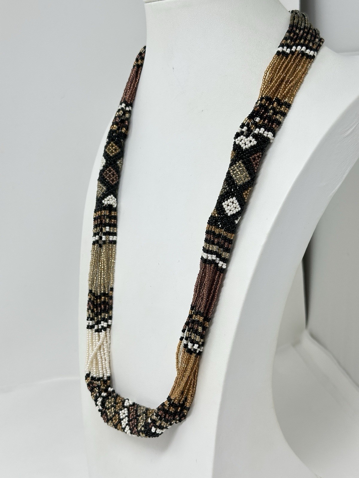 Vintage Multicolor White Gold Black Glass Seed Bead 26″ Necklace
