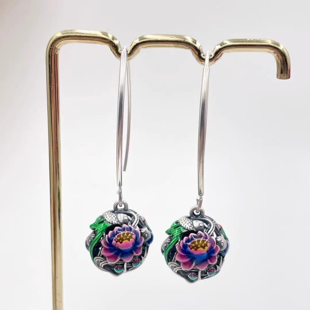 New Cloisonne Enamel Lotus Koi Fish Earrings Ethnic Handmade Dangle