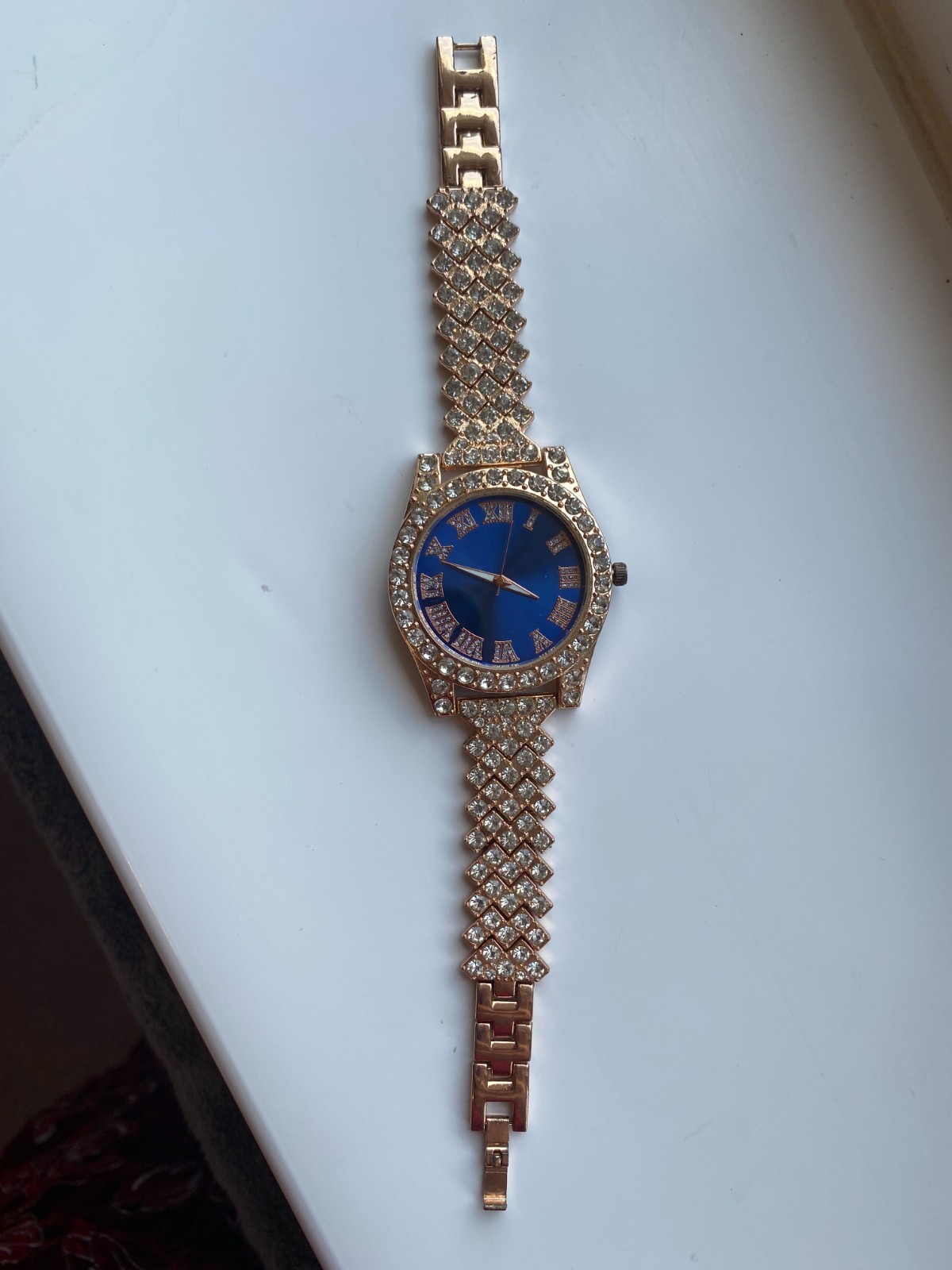 rose gold diamante watch with blue dial