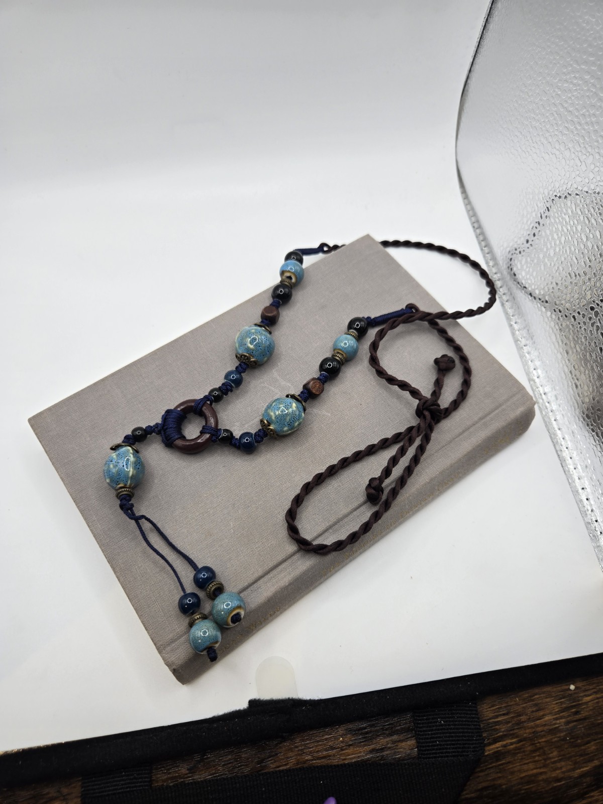 Blue Ceramic Bead Cord Macrame Necklace Chunky Twisted Rope Western VTG Fairy