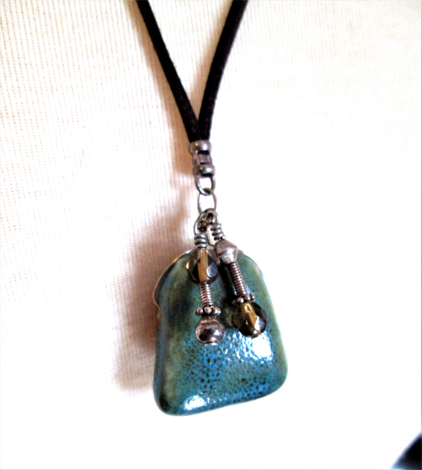 Boho Unisex Necklace Bolo Pendant Glazed Ceramic Leather Cord with Dangle Beads