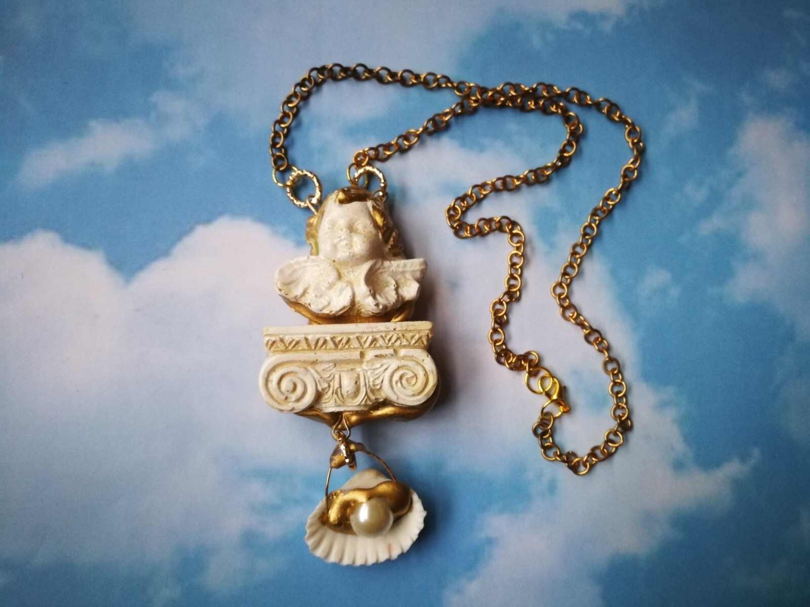 Winged Angel Cherub Talisman Baroque Pendant Amulet Shell Charm Jewelry Necklace