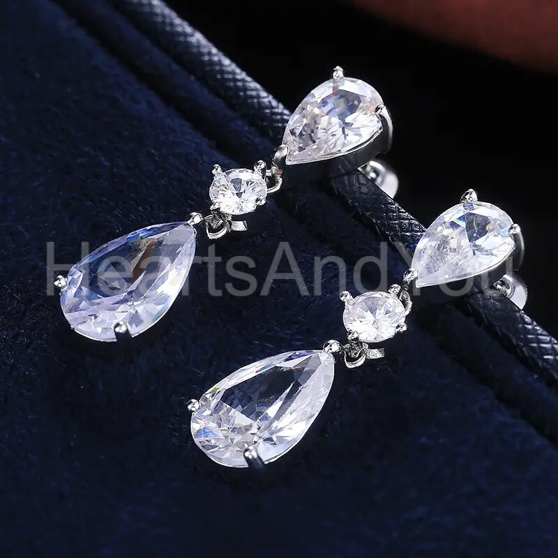 3ct Pear Cut Moissanite Three Stone Drop Dangle Earrings 14K White Gold Plated