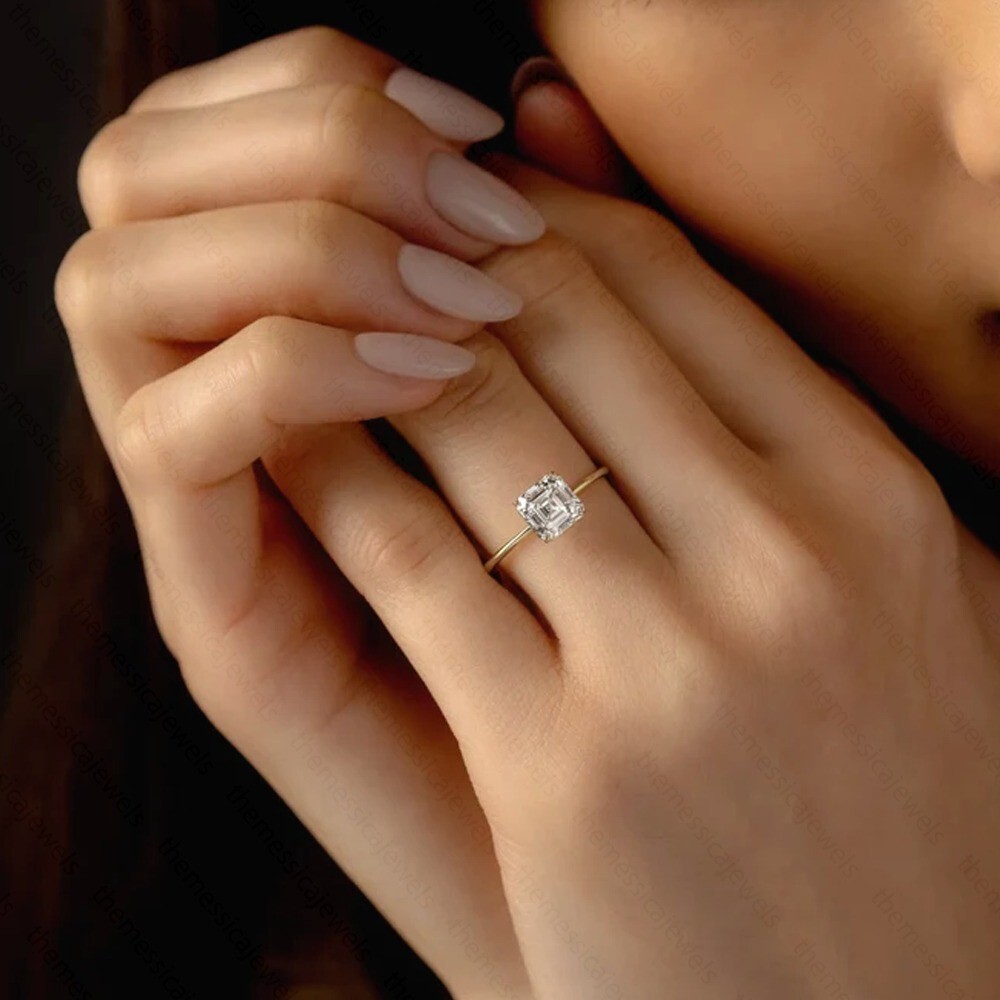 2.96Ct Asscher Cut Moissanite Solitaire Engagement Ring In 14k White Gold Plated