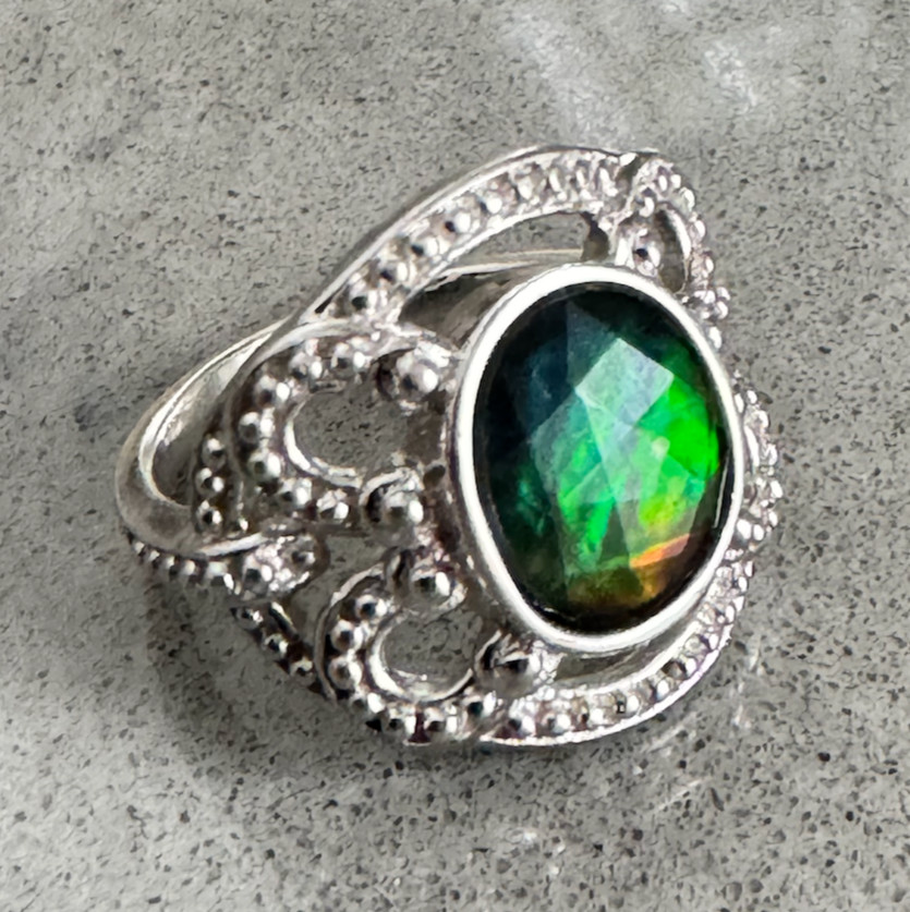 Korite Natural Canadian Ammolite Ring, Oval Faceted Sterling Silver Genuine 6.5