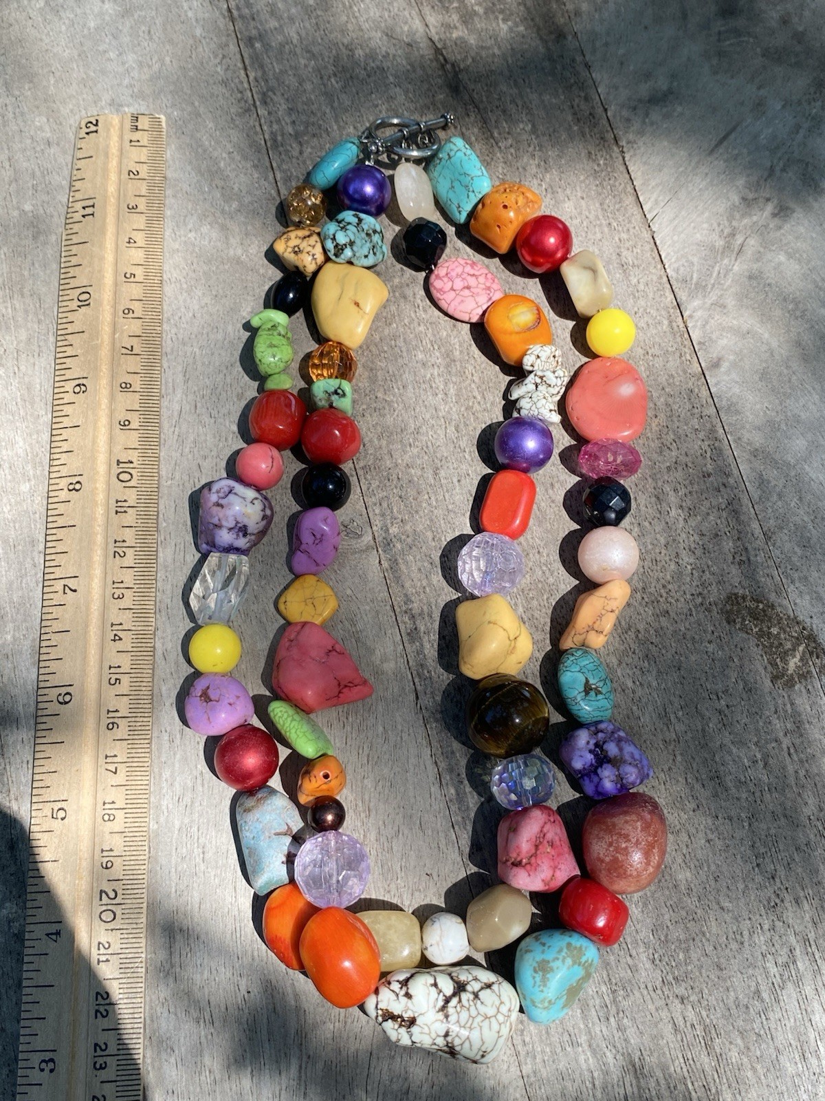Multistrand Multicolor Mixed Stone Beaded Statement Necklace, Toggle, 24 in