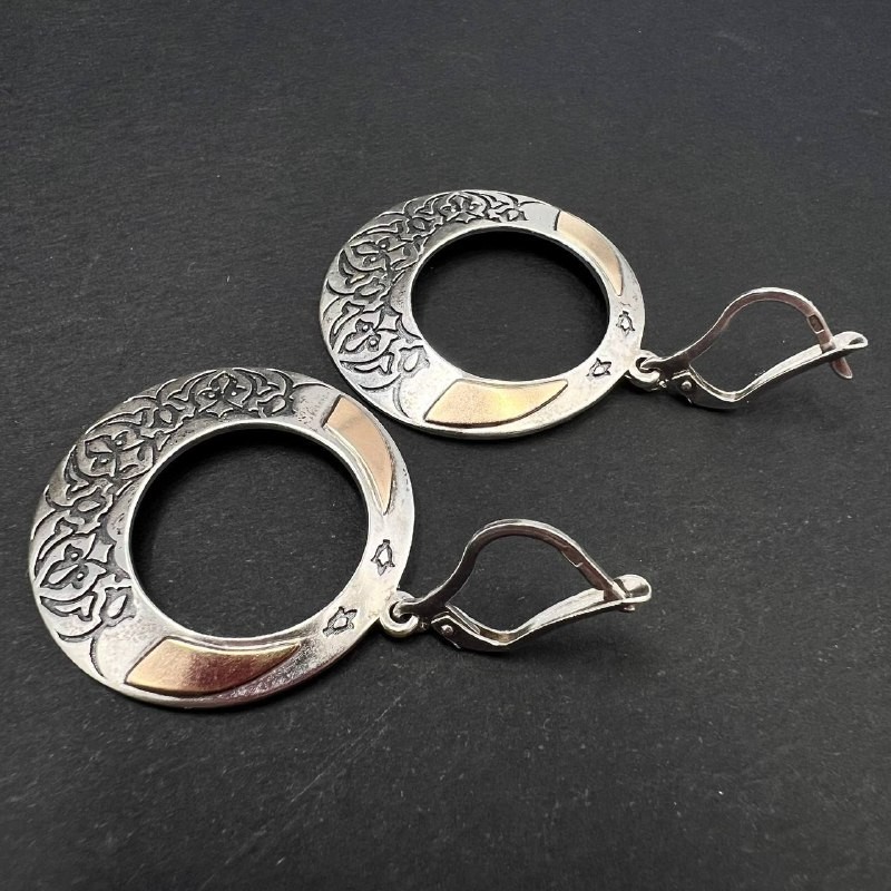 Vintage Women s Jewelry 925 Silver 14K Gold Hoop Earrings Floral Engraved 8.6gr