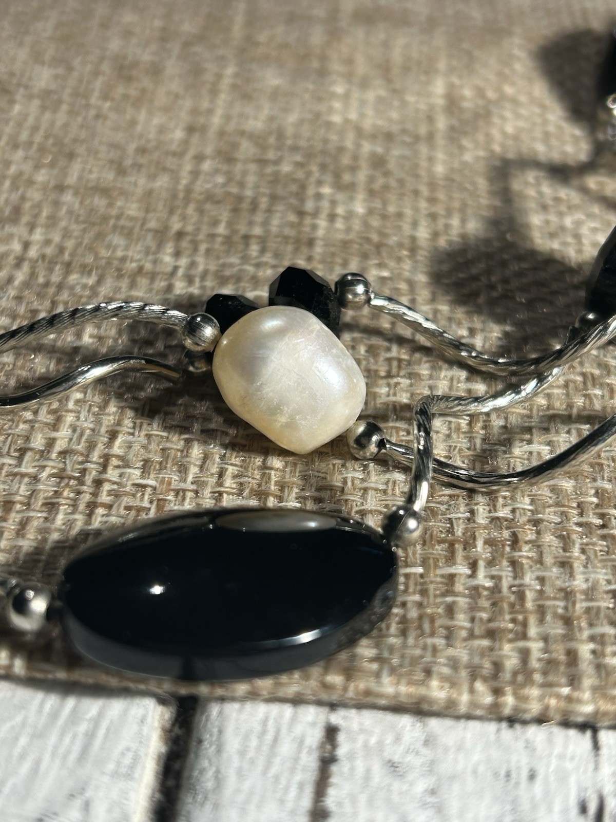 Artisan Black Crystal + Glass Bead Freshwater Pearl 3- Strand Wavy Link Necklace