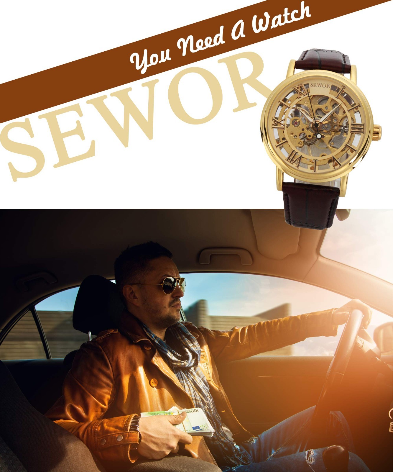 Men’s Vintage Skeleton Mechanical Leather Wrist Watch – Transparent Gold Design