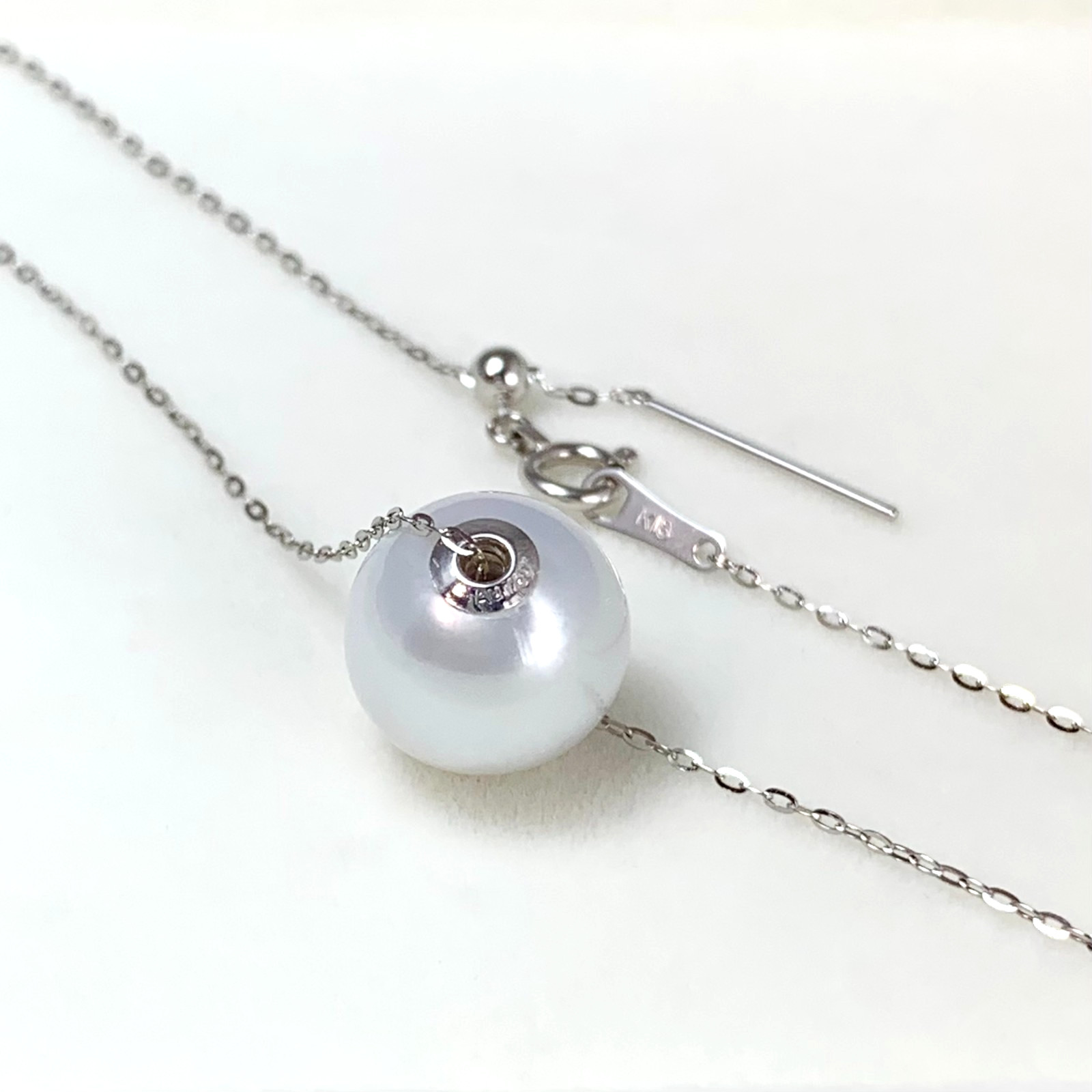 Big 11.6mm Round White South sea pearl Pendant Necklace 18Kt White Gold,17.5″
