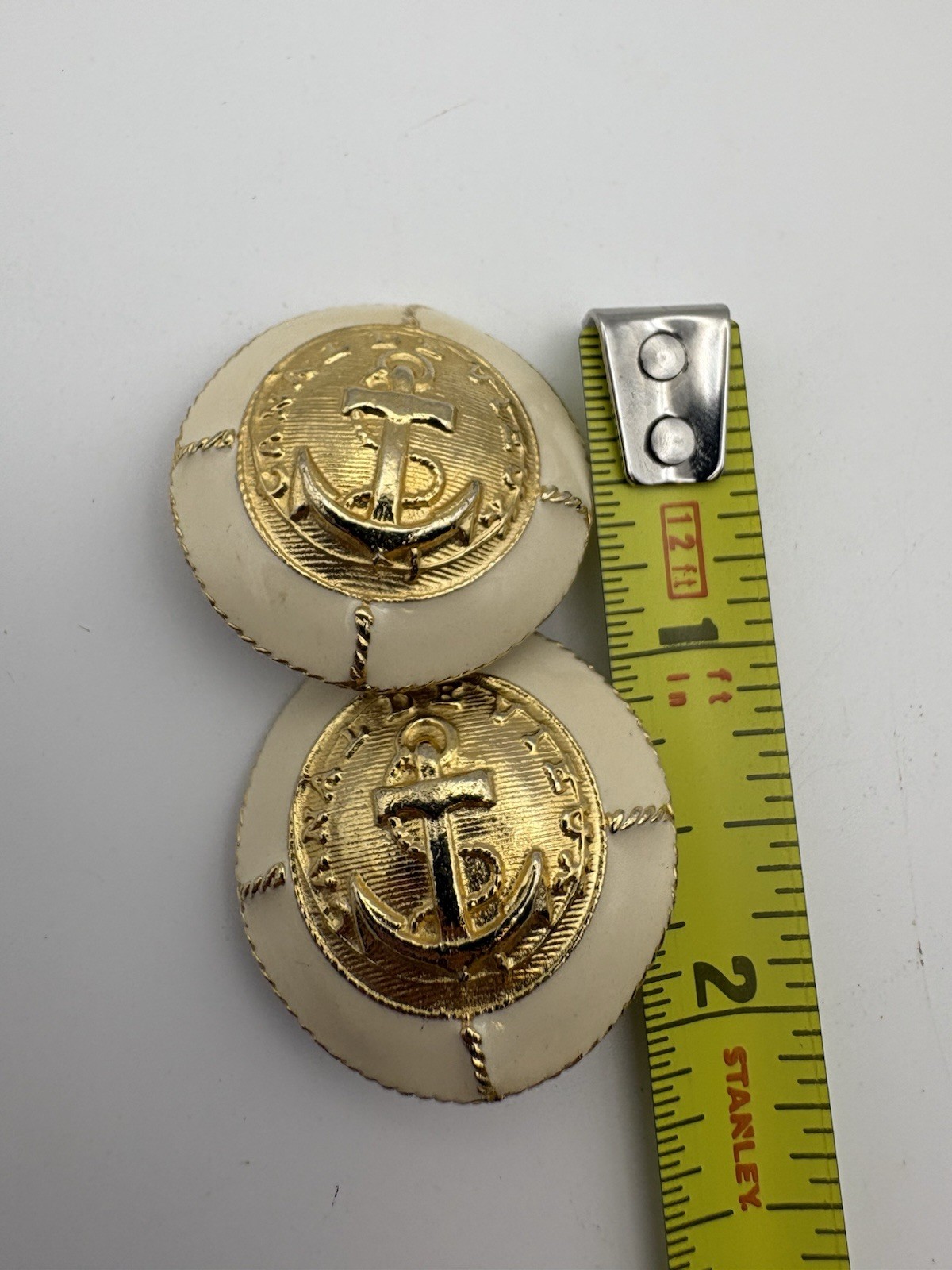 Vtg GAY BOYER Cream Enamel Gold Tone Nautical Anchor Clip On Earrings Statement