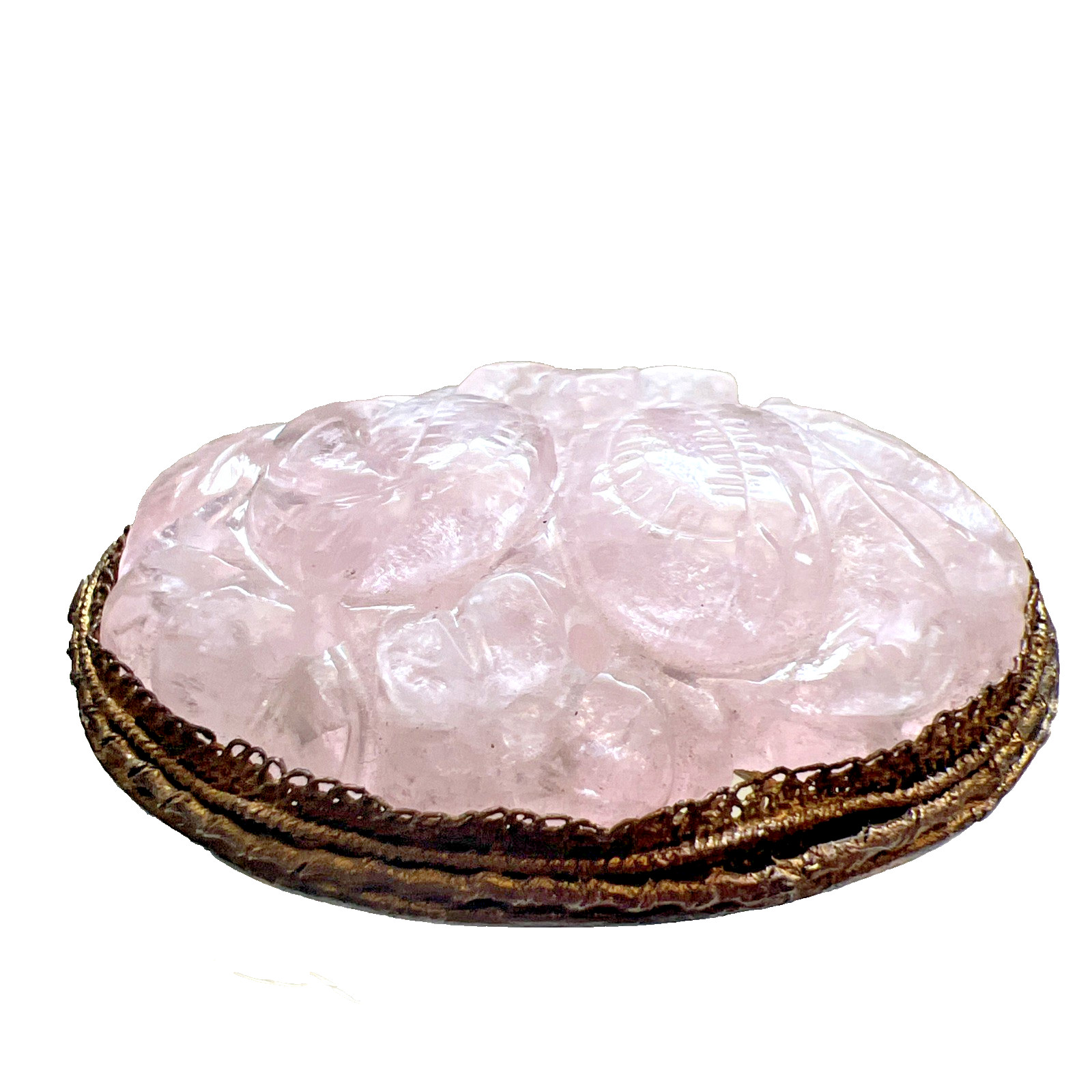 Antique Rose Quartz Deco Carved Silver Gilt Brooch