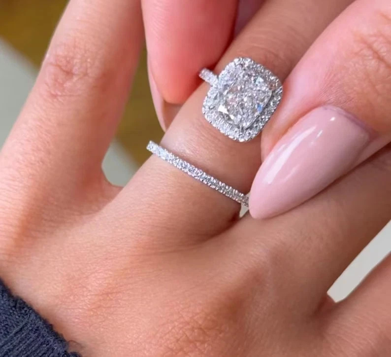 2.80 Ct Cushion-Cut VS1 Lab Grown Diamond Halo Bridal Wedding Set 14K White Gold