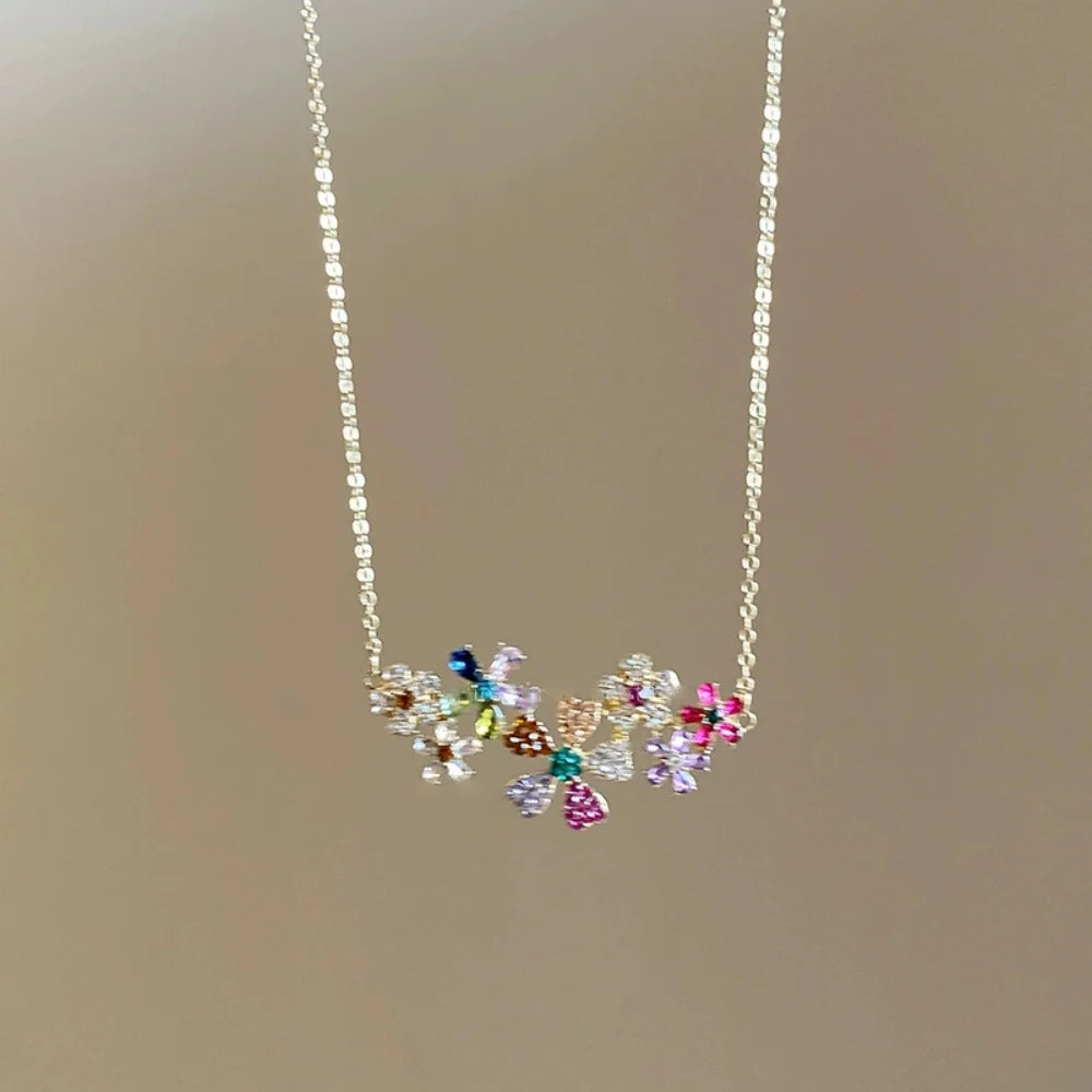 Geometry Colored Zircon Flower Necklace Earrings Women’s Trendy Fashion Jewelry