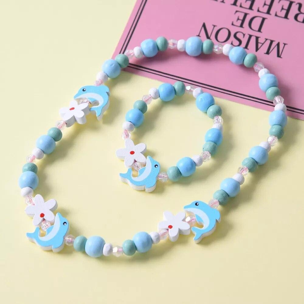 Colorful Wooden Unicorn Flower Animal Child Necklace Bracelet Girls gift Jewelry