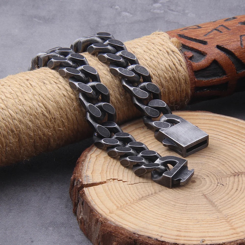 Vintage Black Stainless Steel Cuban Link Bracelet Men Hip Hop Gift Box