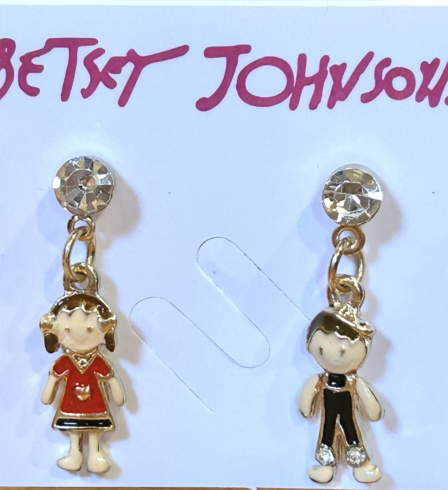 Betsey Johnson DARLING Red Blue Enamel Crystal Boy Girl Dangle Earrings NWT