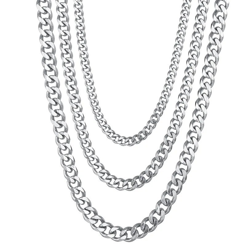16-36″ Stainless Steel Silver Chain Cuban Curb Womens Mens Necklace 3/5/7/9/11mm
