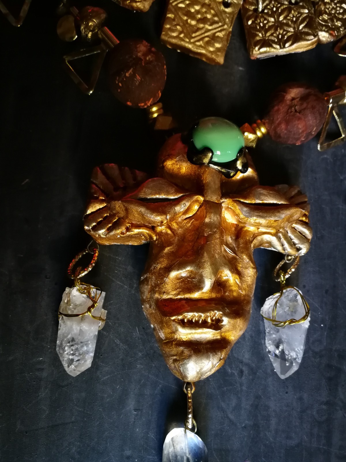 Statement Luxury Necklace Jewelry Pendant Tribal Mask Sculpture Horn & Gemstone
