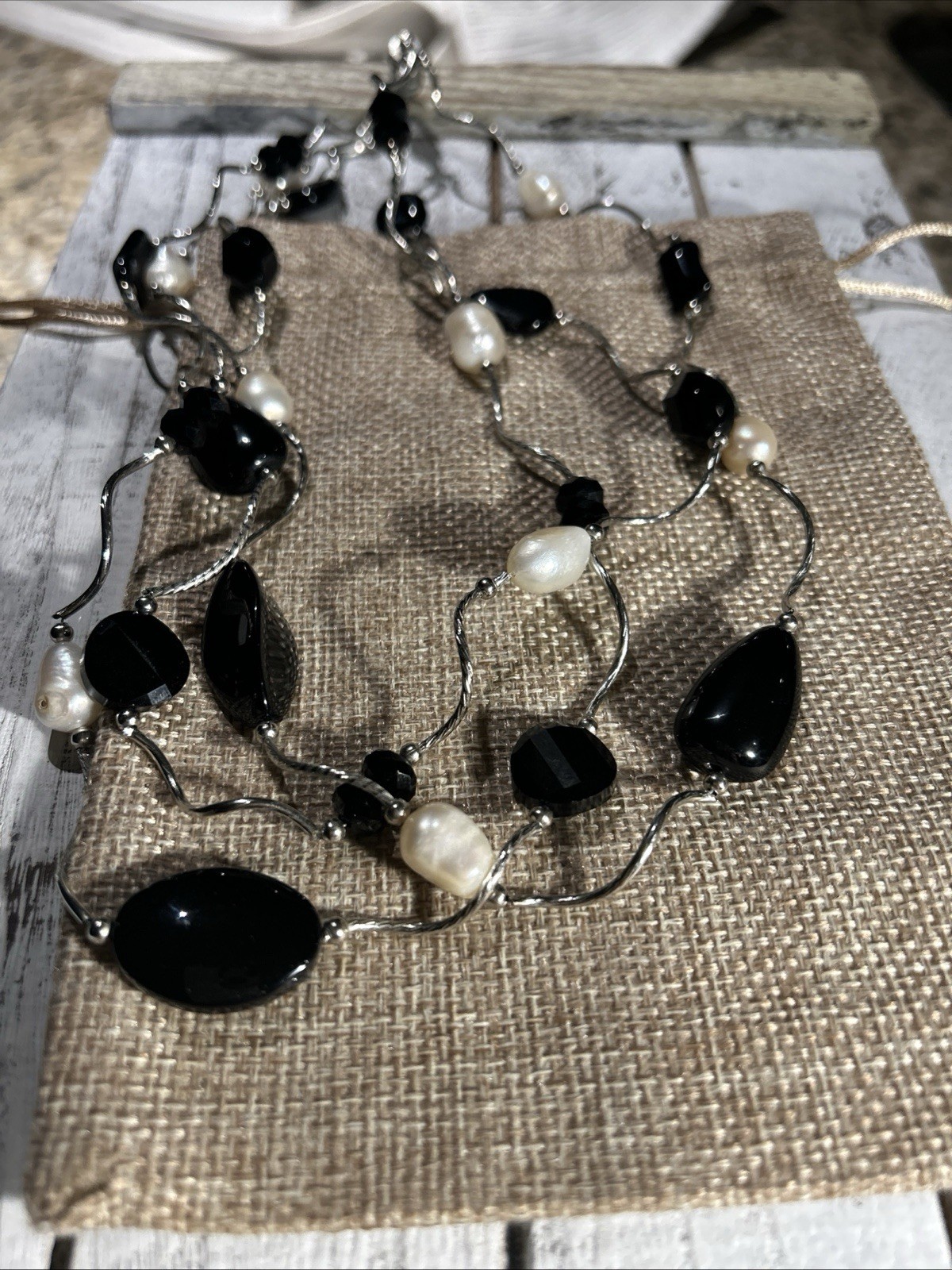 Artisan Black Crystal + Glass Bead Freshwater Pearl 3- Strand Wavy Link Necklace