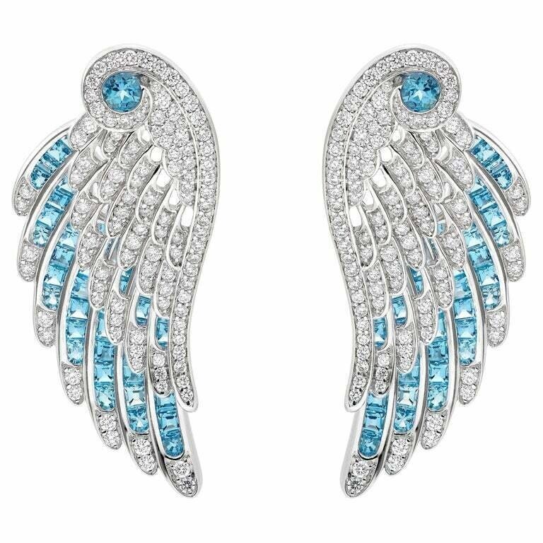 White Round Cut 1.79CT CZ & Calibre Cut 3.36CT Aquamarine Wings Design Earrings
