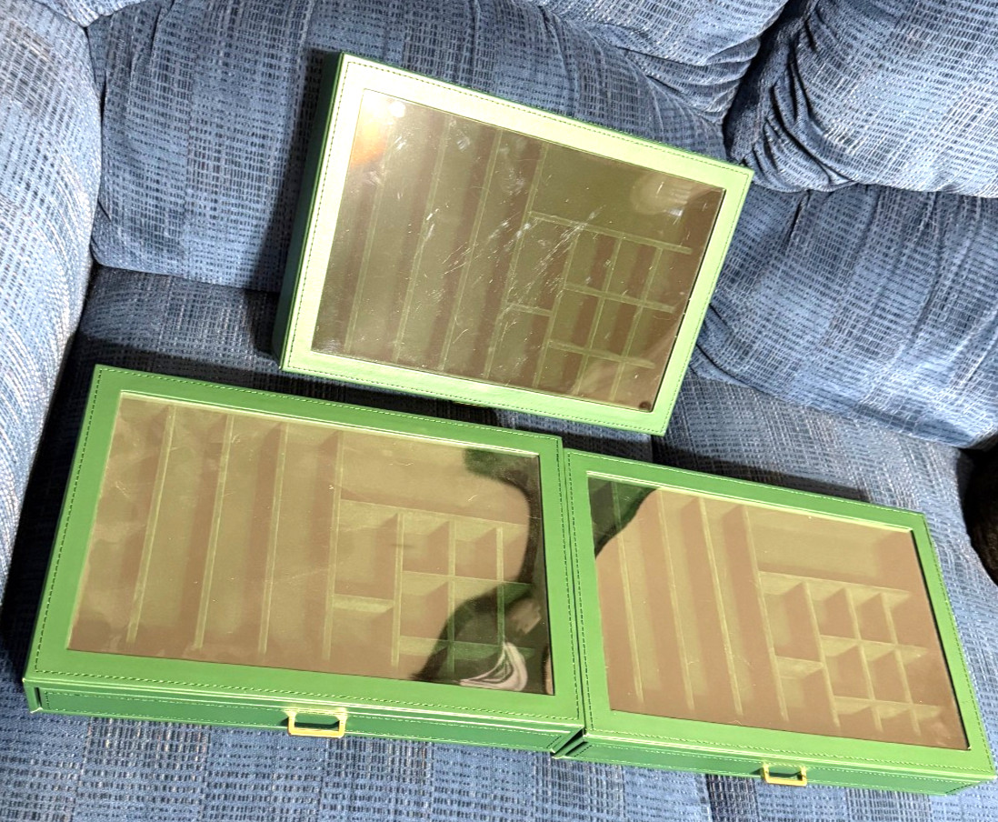 Set 3 Green Leatherette Plastic Top Jewelry Display Cases Trays Organizer Drawer