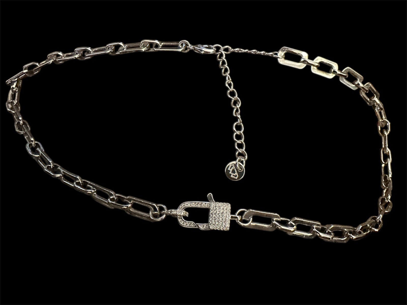 Paper Clip Style Silver Tone Links Rhinestone Lock Clasp Necklace Marked