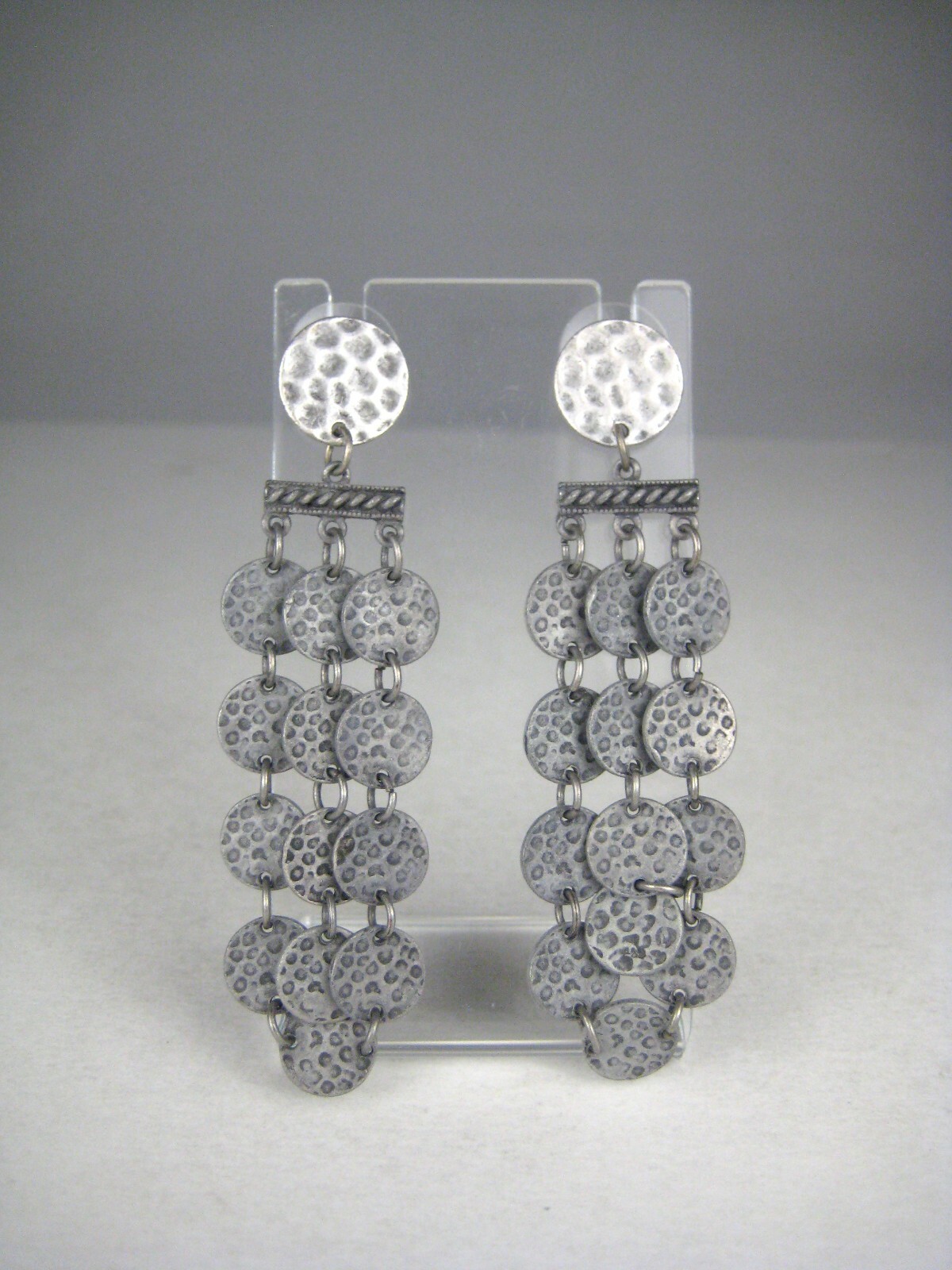 Earrings Womens Pierced Dangle Modern Statement Runway 2.8 in Hammered Gray