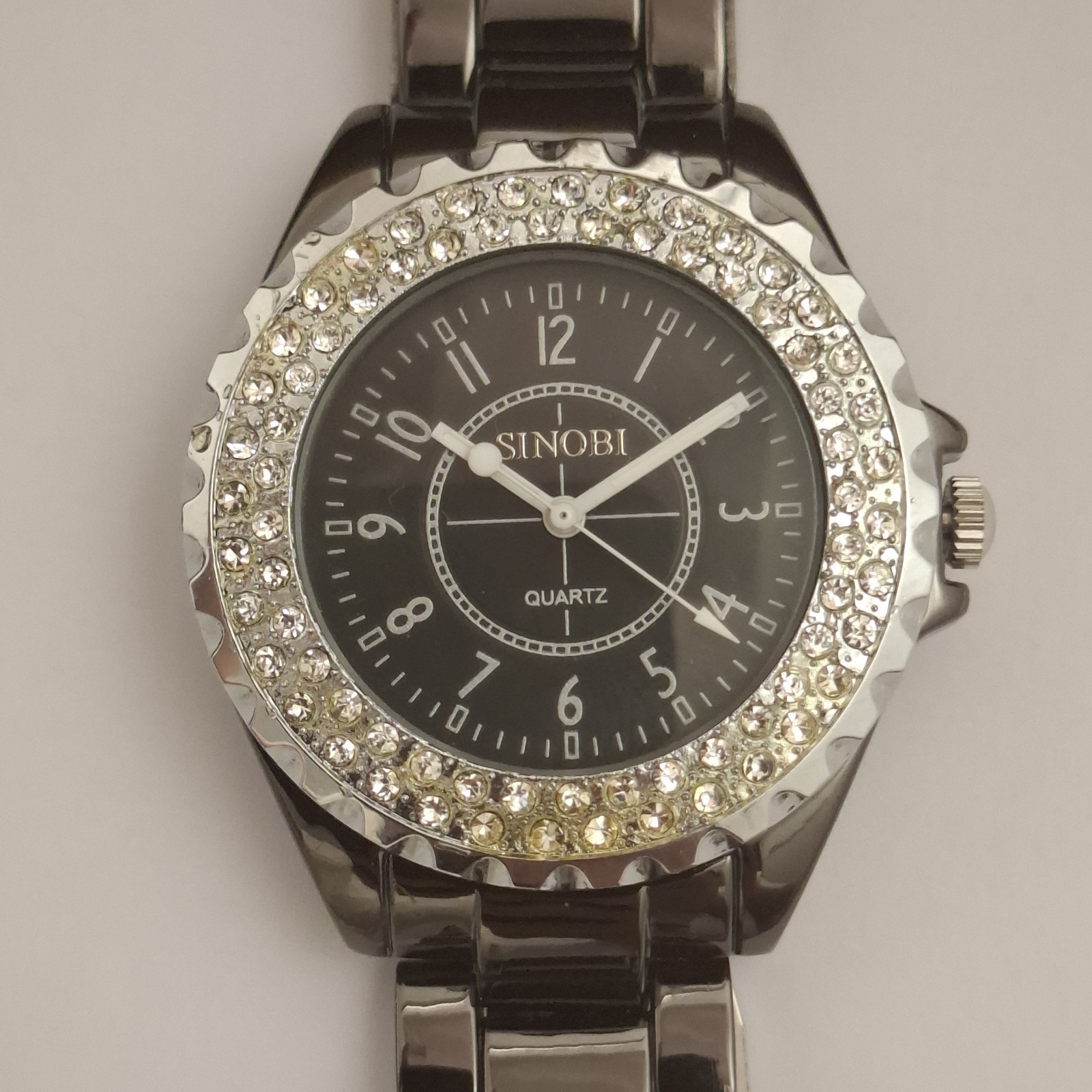 Sinobi Ladies Gunmetal Watch Crystal Bezel Black Dial Quartz New Boxed