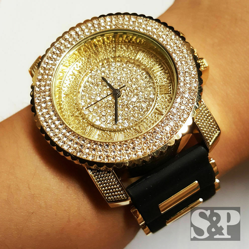 Unisex Luxury Hip Hop Iced Gold Finished Rapper’s Black Silicone Band Watch