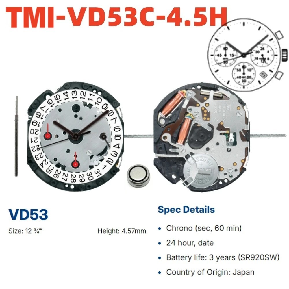 TMI Seiko VD53C Chronograph Movement Choice of Date Position 3, 4.5 or 6 O’Clock
