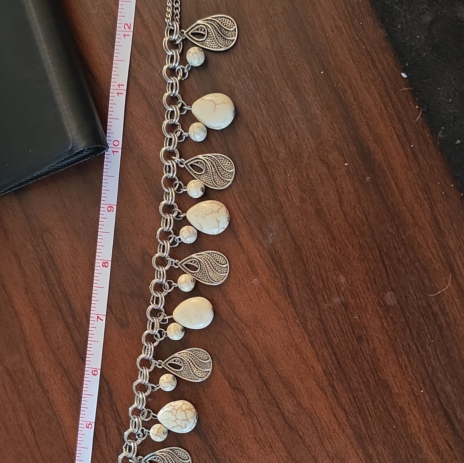 Silver Tone Curb Chain Charm Necklace White Teardrop Howlite Adjustable 18in