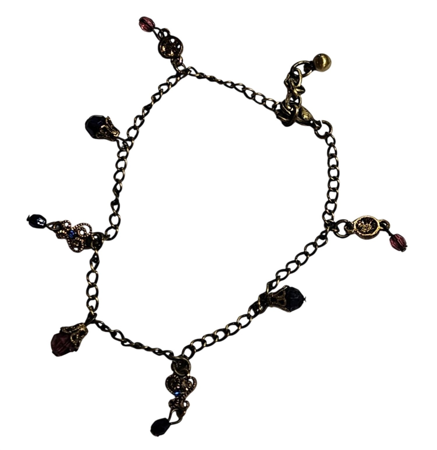 Vintage 90s Anklet Goldtone Blue Fuchsia Plastic Bead Fringe 8.75 – 9.5 inches