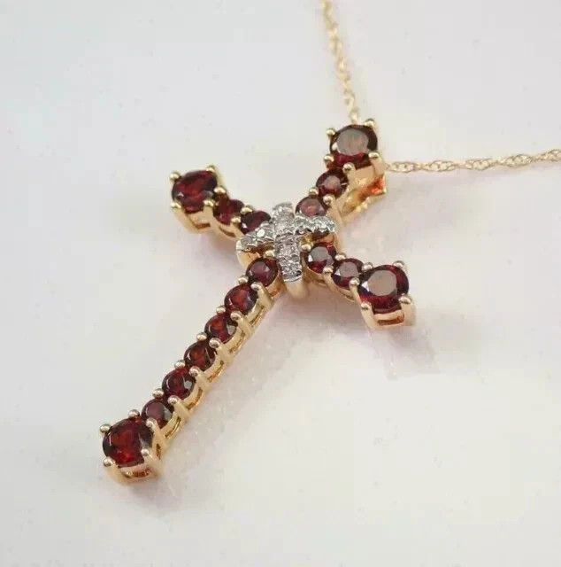 2.00Ct Round Cut Lab-Created Red Garnet Cross Pendant 14k Yellow Gold Plated