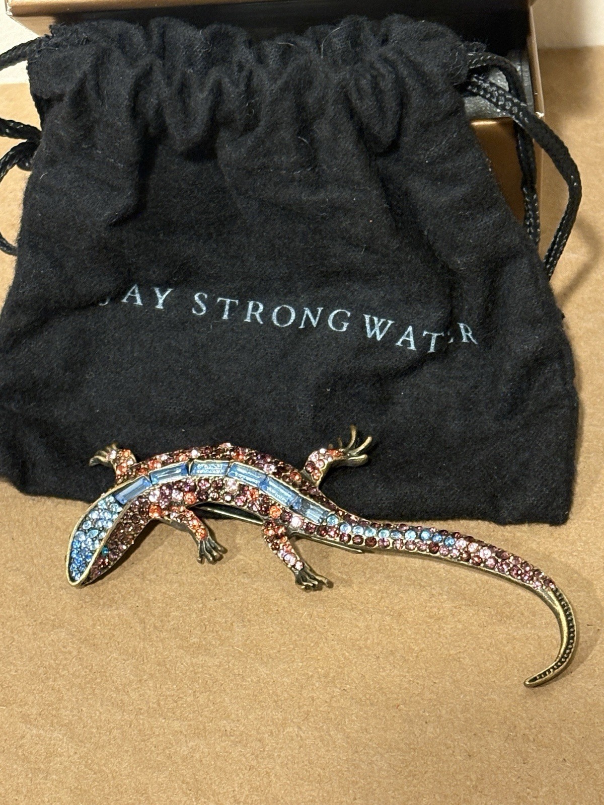 Jay Strongwater Lizard Salamander Pink Green Rhinestones Brooch Pin Retired Box
