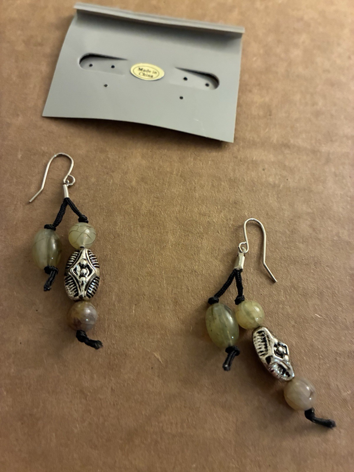 Handcrafted Green Round Stone Beaded Dangle Earrings Silver Tone Hook Closure