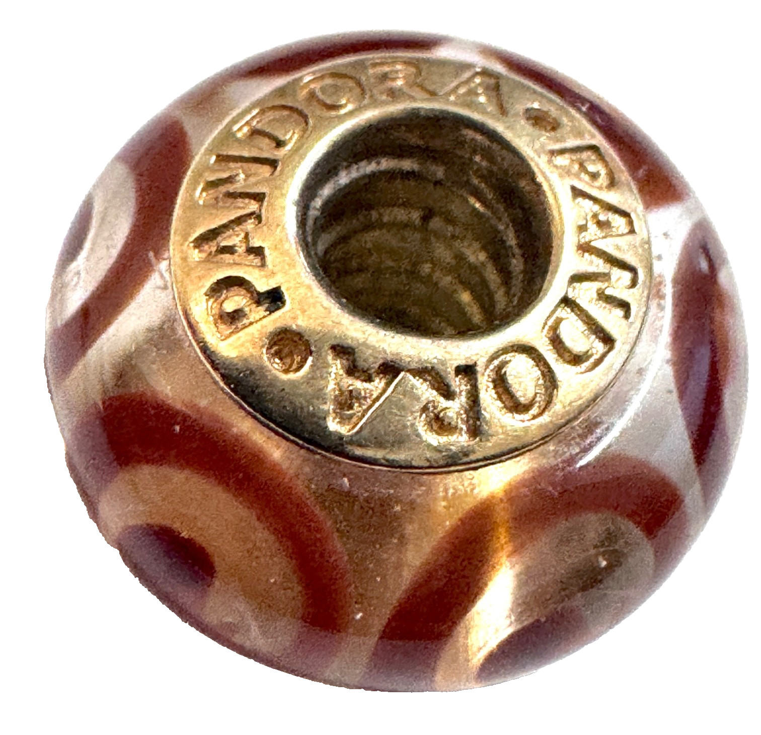 Rare PANDORA 14K Gold Coffee Spirals Charm Murano Glass Bead 750515