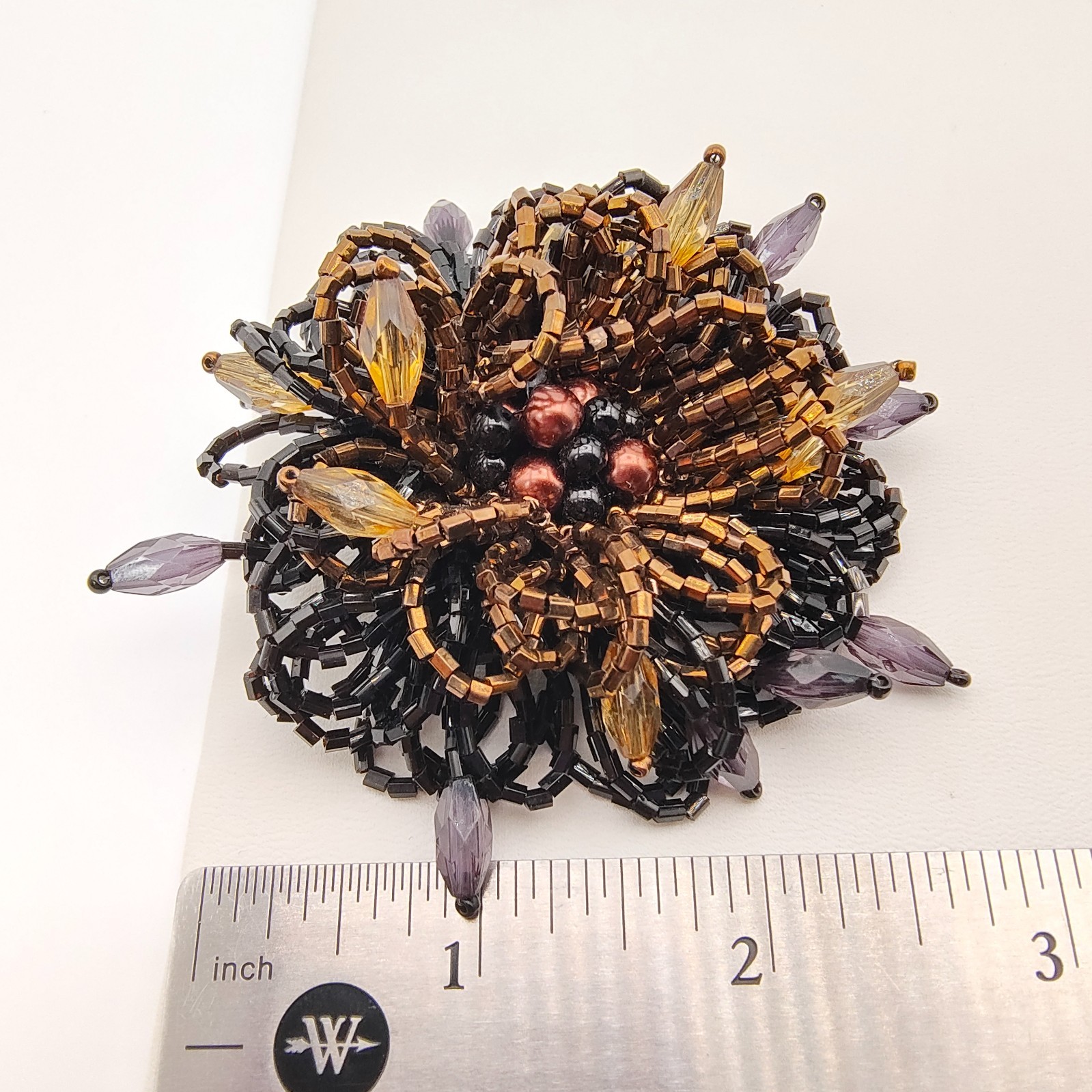 Beaded Flower Brooch Brown Black Boho Glam Maximalist Style Fashion Large